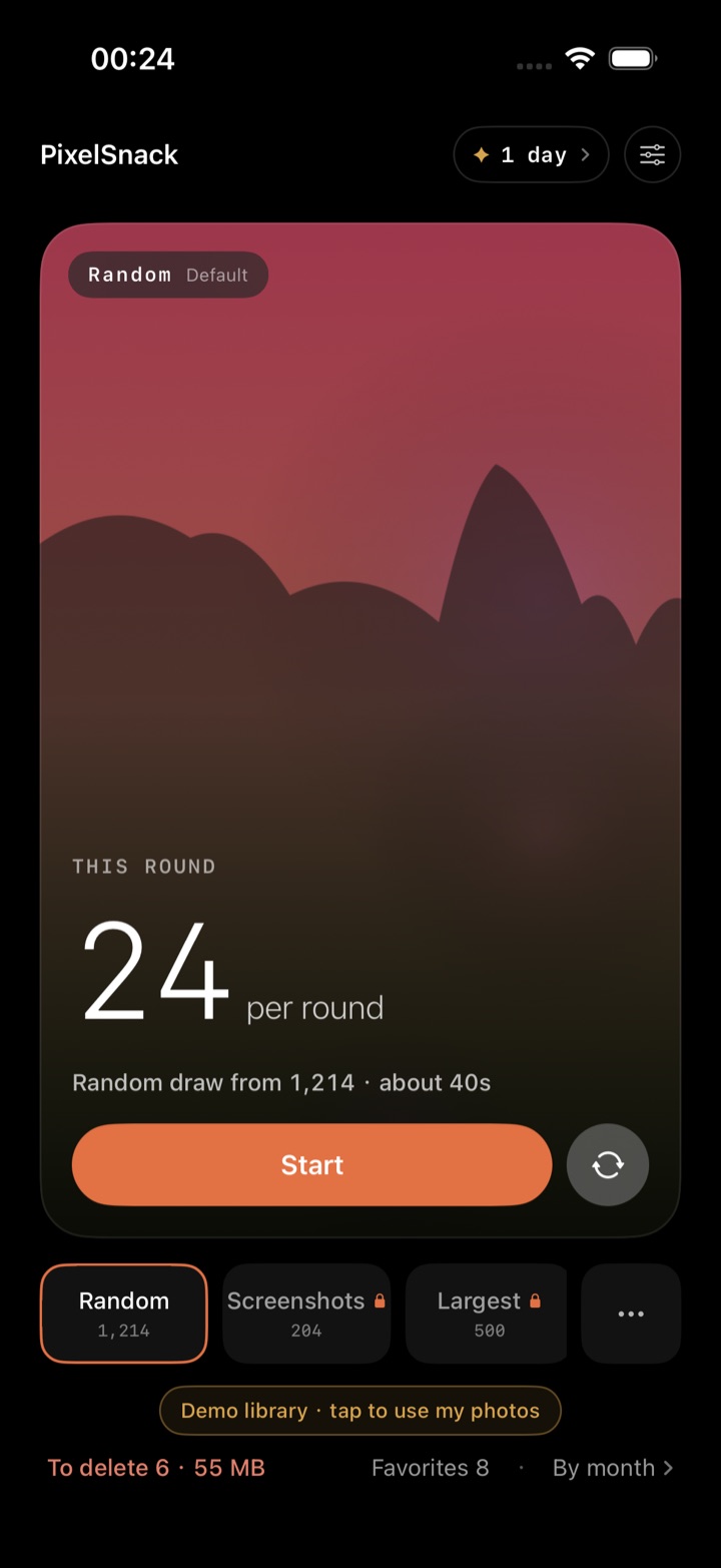 PixelSnack home screen: start today's round with one tap